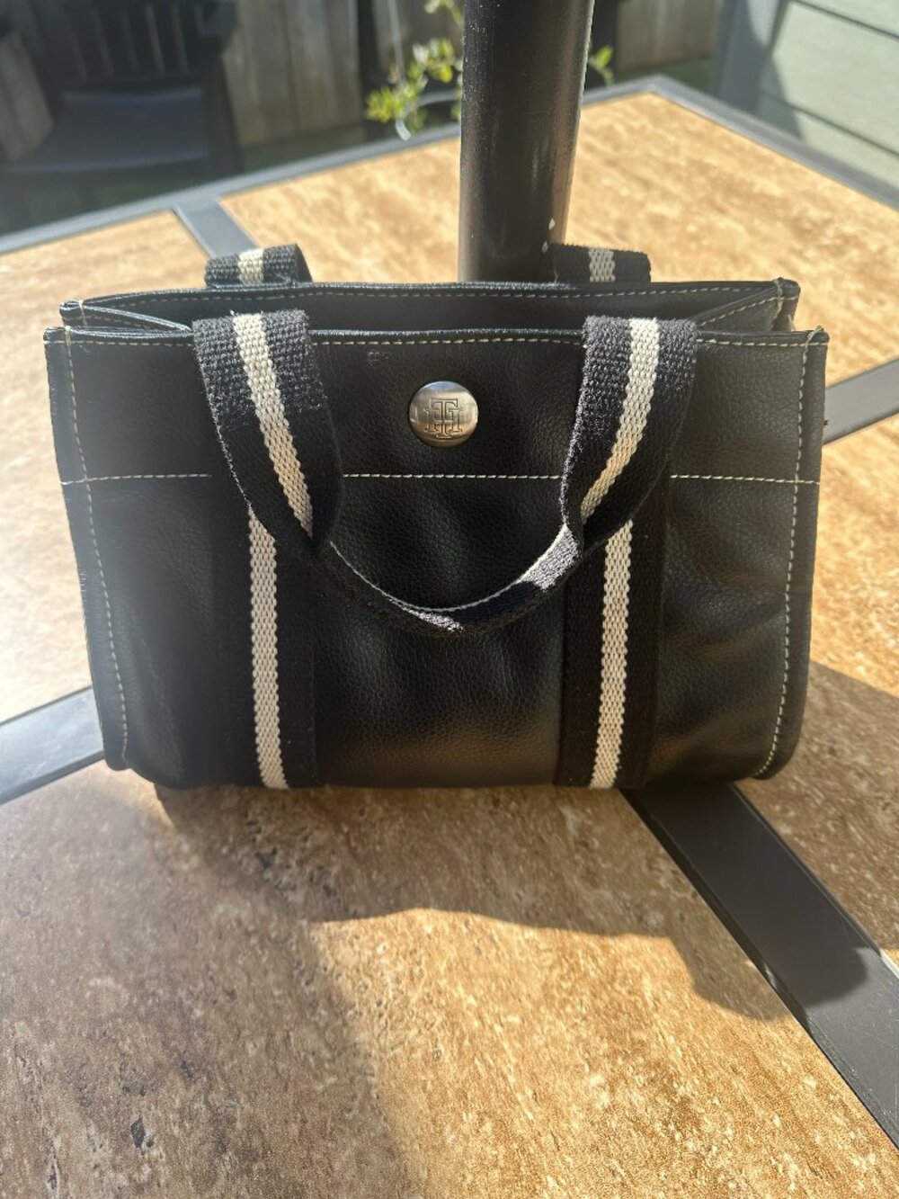 Tommy Hilfiger Black Faux Leather Mini Tote Bag w/ Striped Handles
